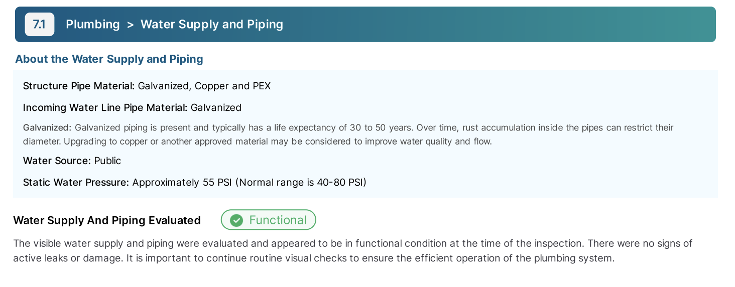 Inspection report: galvanized piping noted with 30-50 year life expectancy, marked "Functional"