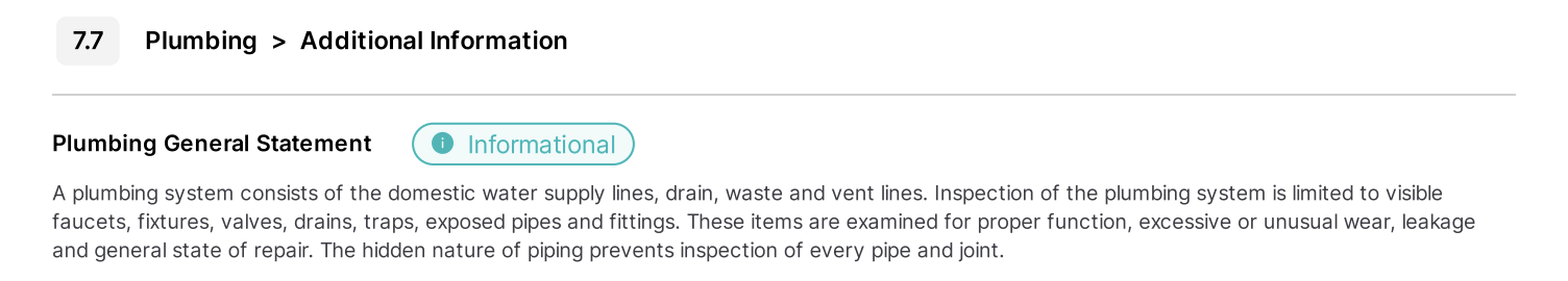 Inspection report: plumbing inspection limited to visible components only
